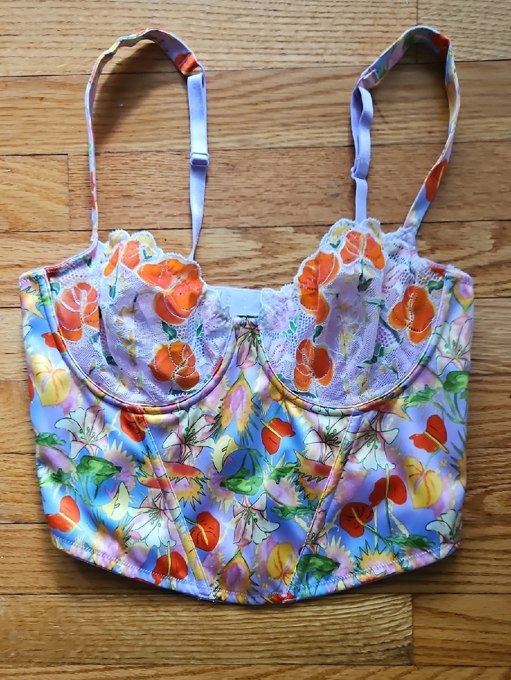 Savage X Fenty Lavender Floral Lace Bustier with Orange Roses